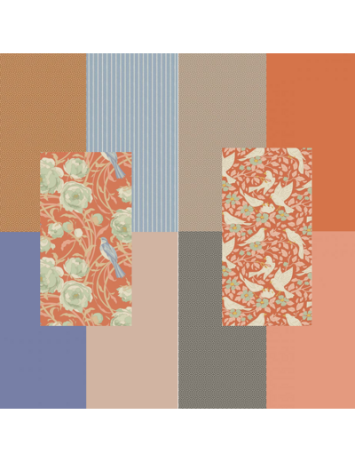 LOT DE 10 COUPONS DE TISSU TILDA UNIS ET IMPRIMÉS  25 X 55 CM, ORANGE, BLEU, BRUN