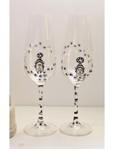 Duo de flutes à champagne en cristal peintes à la main et personnalisables sur le thème des chats, pièces originales et uniques