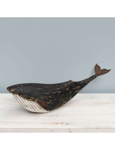 Sculpture Grande Baleine Peinte Bois 55x13x15cm