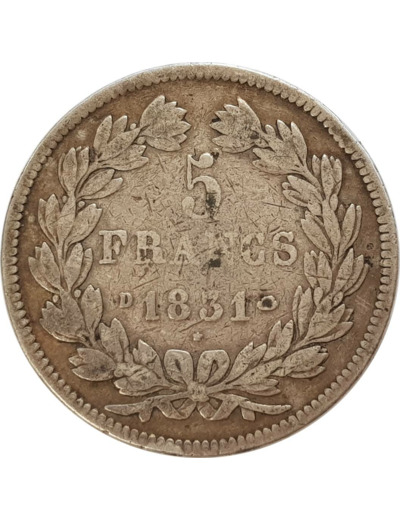 FRANCE 5 FRANCS 1831 D (Lyon) LOUIS PHILIPPE I Tranche en creux TB G677