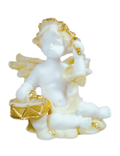 Statue en albâtre 9cm - ANGE MUSICIEN TAMBOUR Beige et Or