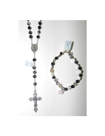 Coffret Chapelet +bracelet-dizainier argenté- AGATE NOIRE