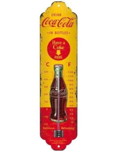 Thermomètre métal vintage - Coca-Cola - In Bottles Yello - 7 x 28 cm. Nostalgic-art.