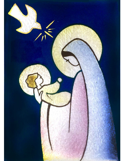 Vierge de la Présentation ss fleurs bleu 9,6X6,8cm - EMAUX DU LIBAN