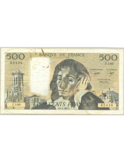 FRANCE 500 FRANCS PASCAL SERIE J.140 4-6-1981 TB+