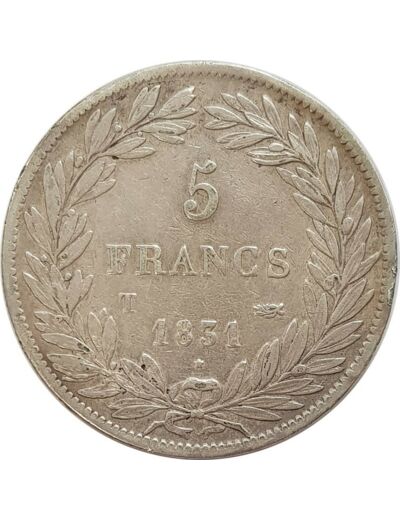 FRANCE 5 FRANCS LOUIS-PHILIPPE I 1831 T (Nantes) Tranche en creux TB+