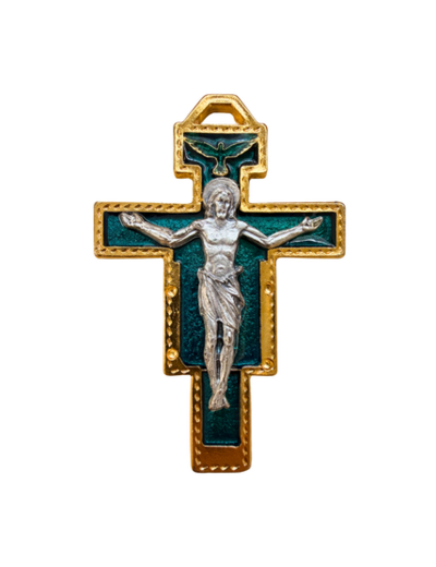 Croix de Saint Damien en Métal Doré avec Résine 8,2cm Vert