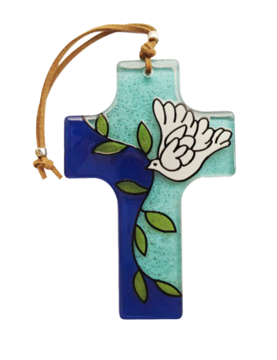 Croix en verre 8x12cm- COLOMBE à la BRANCHE- bleue