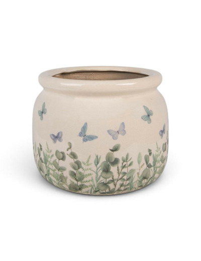 Pot de fleurs rond beige céramique papillons 20x15cm
