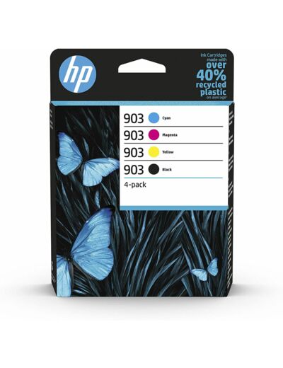 HP 903 Pack de 4 Cartouches d'Encre Noire, Cyan, Magenta, Jaune Authentiques (6ZC73AE) pour HP OfficeJet 6950, HP OfficeJet Pro 6960 / 6970 Pack de 4 Standard Noir/Cyan/Magenta/Jaune