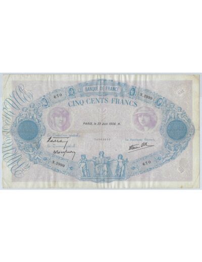 FRANCE 500 FRANCS BLEU ET ROSE 23 JUIN 1938 N.2999 TTB