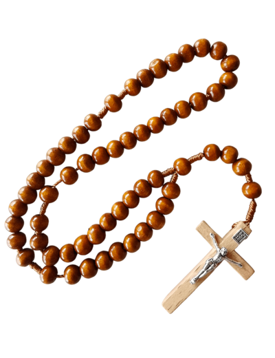 Chapelet  BOIS MOYEN sur CORDE grain rond - croix bois+Christ argenté