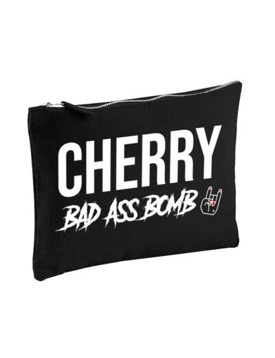 Pochette zippée en coton large - imprimée "Cherry Bad Ass Bomb" noire,