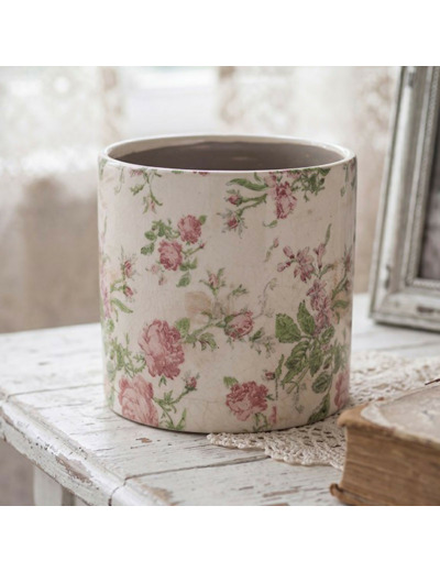 Pot de Fleurs céramique beige rose fleurs 17x16cm