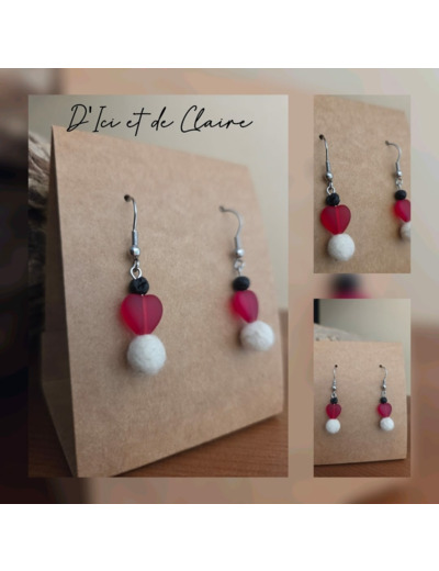 Boucles d'oreilles cœur rouge en verre, pierre de lave et cachemire de Touraine