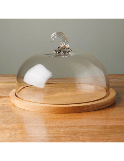 Cloche verre sur plateau rond country 29x20cm