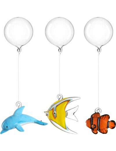 Lot de 3 décorations POISSON MARE : 1 poisson clown, 1 dauphin et 1 poisson jaune en Verre