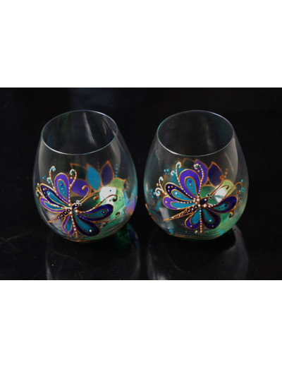 Duo de deux verres à whisky en cristal de bohème peints à la main très colorés décorés de papillons verts et bleus personnalisables