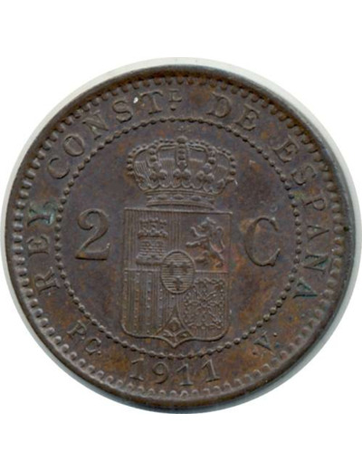 ESPAGNE 2 CENTIMOS 1911 PCV ALFONSO XIII TTB (W732)