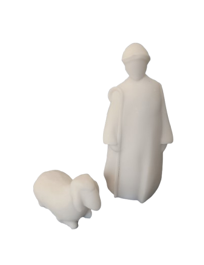 Berger + mouton couché en Albâtre 9cm + 3.5X5.5cm - 2 pièces
