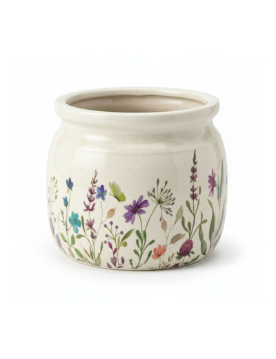 Pot de Fleurs céramique beige fleurs 16x13cm