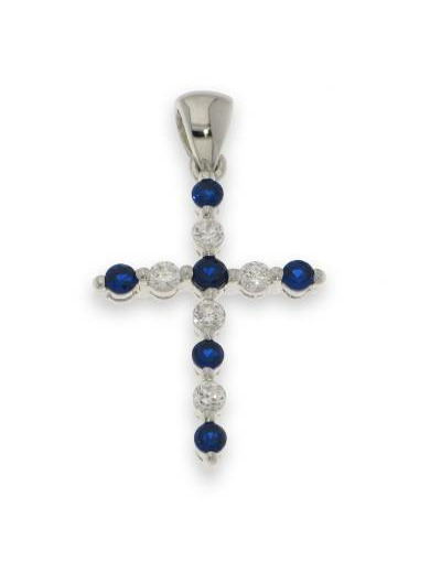 Croix en Argent 925 2,9cm- SAPHIR et ZIRCONIUMS synthétiques