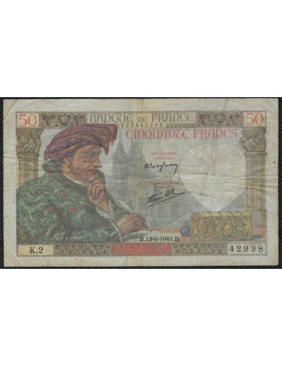 FRANCE 50 FRANCS JACQUES COEUR 13-6-1940 K.2 TB+