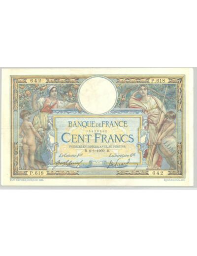 FRANCE 100 FRANCS L.O.M avec LOM SERIE P.618 8-1-1909 TTB
