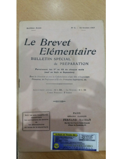 LE BREVET ELEMENTAIRE 15 OCTOBRE 1917