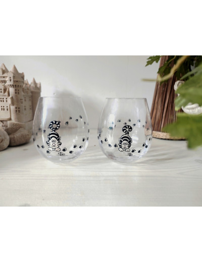 Duo de deux verres à whisky en cristal peints à la main représentant deux petits chats qui vous observent