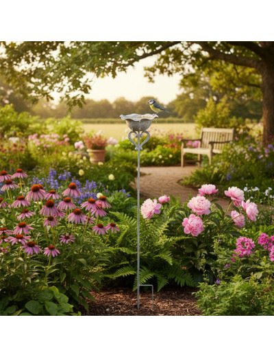 Mangeoire sur Tige Coeur en Métal Gris patiné 21x110cm