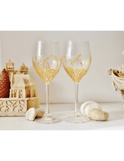 Duo de verres à vin en cristal peints à la main décorés de feuilles dorées, les verres peuvent être personnalisées  pièces uniques