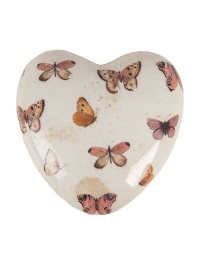 Décoration céramique coeur beige papillons 10x10x4cm