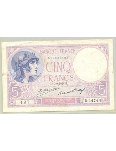 FRANCE 5 FRANCS D.24746 VIOLET 10 09 1926 D.24746 TB+