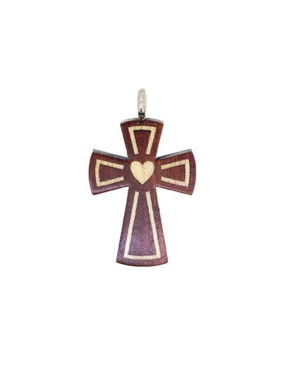Croix en Bois d'Erable Vernis 3,2 cm avec Cordon - COEUR