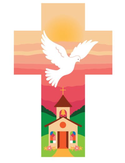 Croix Colombe et Eglise rose 14x9cm