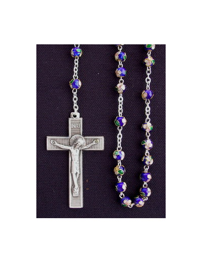Chapelet CLOISONNE  chaine et croix argentées- BLEU