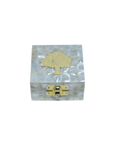 Boîte à Chapelets carrée revêtement nacre Arbre de Vie 8x8xHt4.5cm