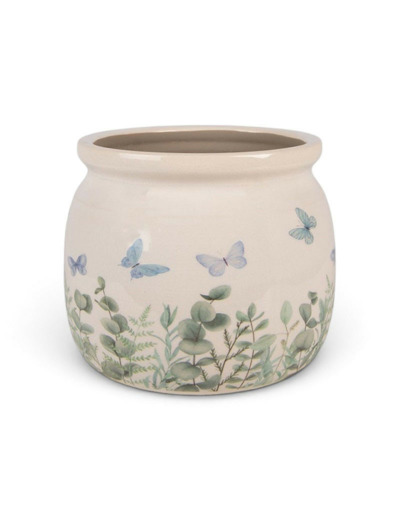 Pot de fleurs rond beige céramique papillons 16x13cm