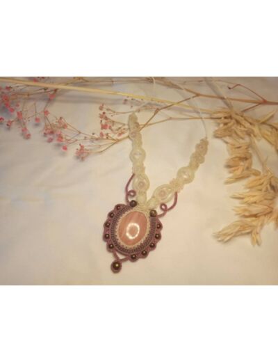 Collier micromacramé fait main Opale rose et quartz rose