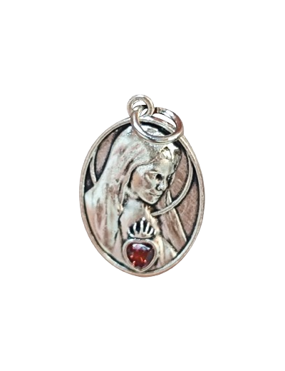 Médaille Ovale 19mm en Métal Argenté + zirconium- Sacré Coeur Marie