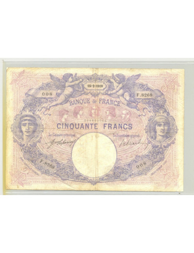 FRANCE 50 FRANCS BLEU ET ROSE15 02 1919 SERIE F.8268 TB+