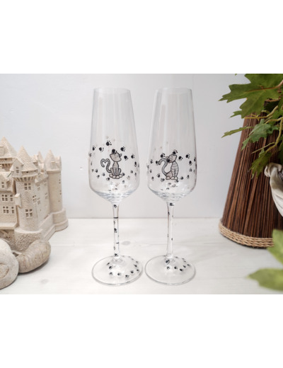Duo de flutes à champagne en cristal peintes à la main sur le thème des chats