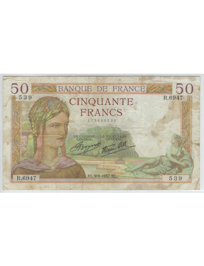 FRANCE 50 FRANCS CERES SERIE R.6947 9-9-1937 TB+