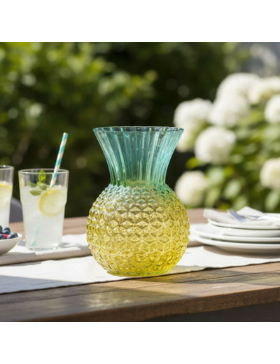 Vase Ananas Victoria en Verre Turquoise et Jaune Style Riviera 20x27cm