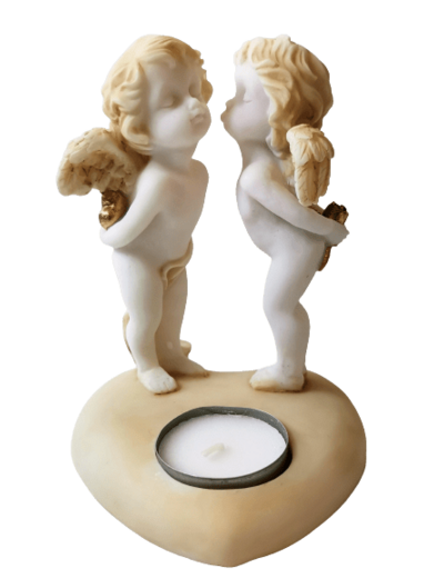 Statue en albâtre 15cm - COUPLE D'ANGES SUR COEUR Couleur