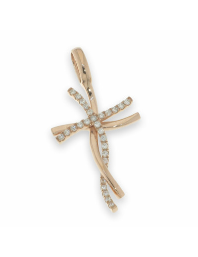 Croix torsadée en Argent 925 Plaqué-or Rose 2,2x1,8cm + Zirconiums