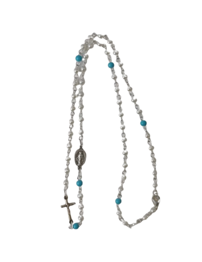 Collier Perles 4mm Croix + Médaille MIRACULEUSE - BLANC