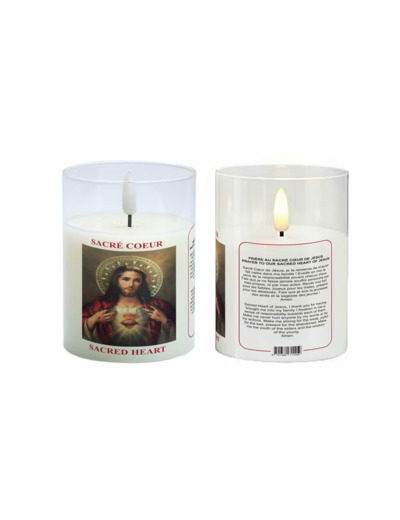 Bougie LED 7.5x10cm - Sacré Coeur + Prière - Vendue sans pile