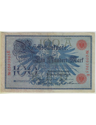 ALLEMAGNE 100 MARK 7 FEVRIER 1908 SERIE E TTB